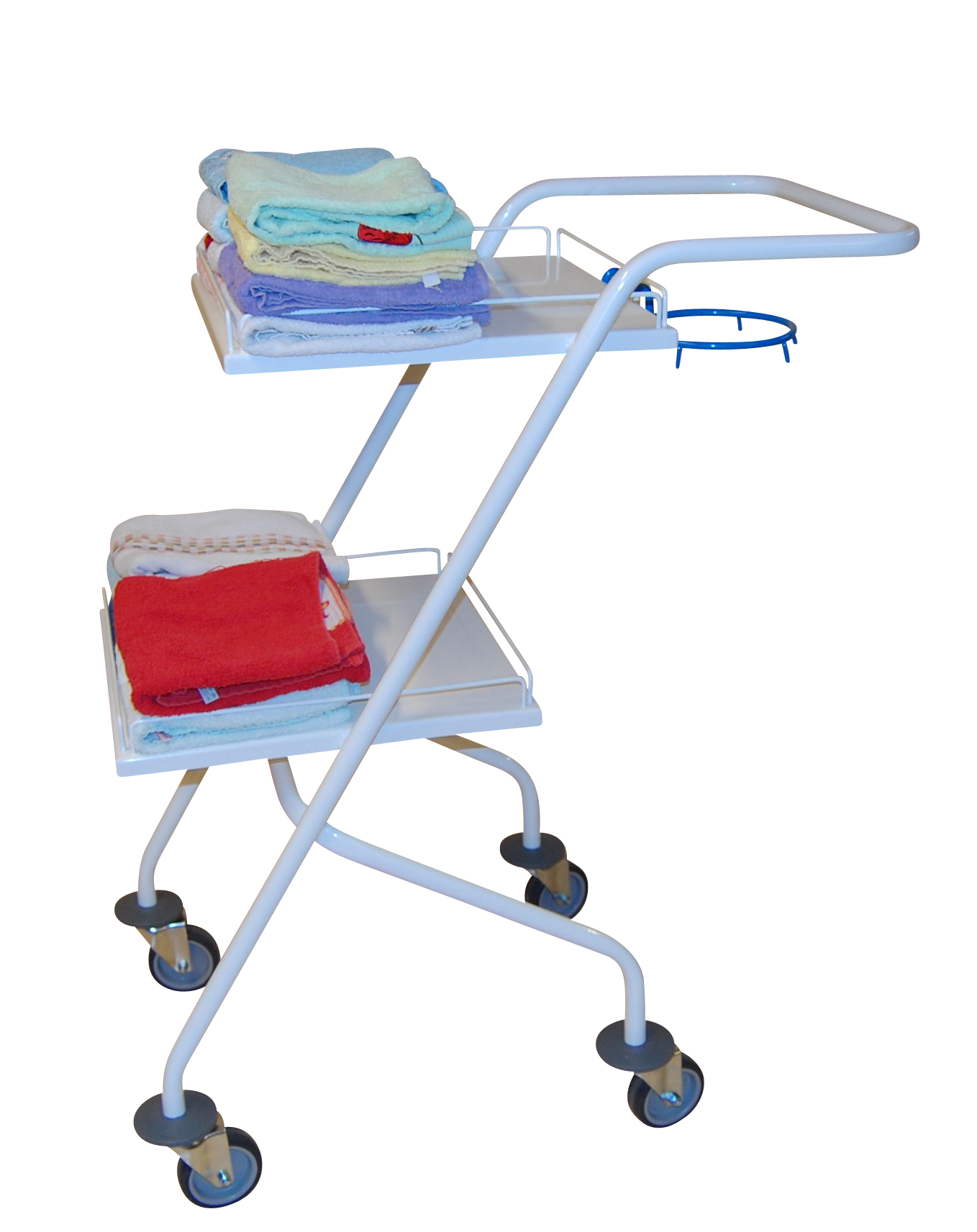 En acier laqué ( peinture Epoxy) Equipé de 4 roues pivotantes Ø 100 mm + 4 butoirs Option : - suppor...