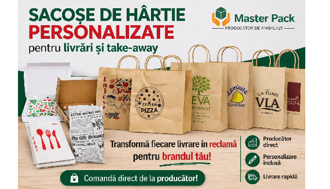 Sacoșe din hârtie personalizate, destinate magazinelor, restaurantelor și industriei HoReCa. Realiza...