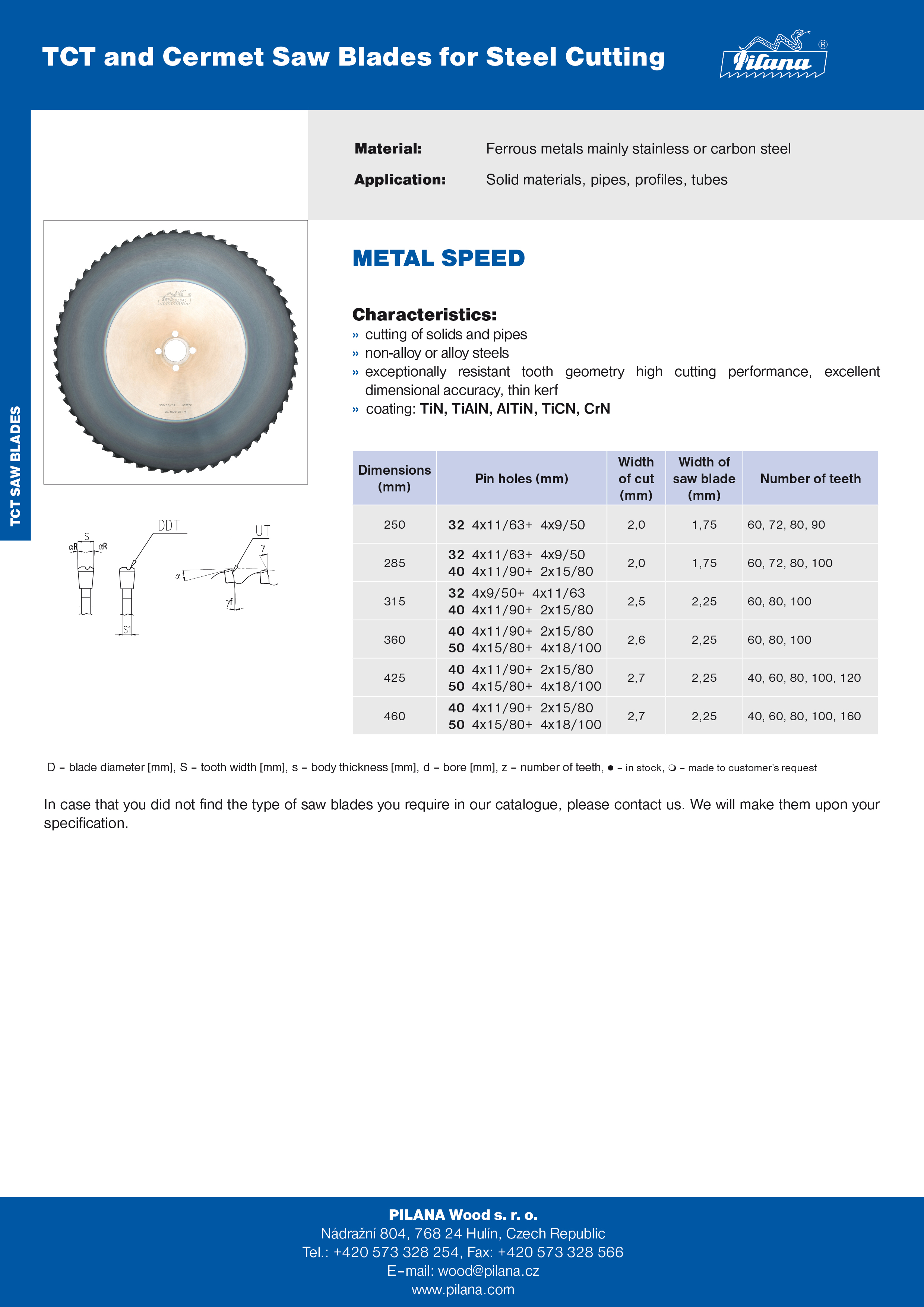 Metal application (solid, tubes, profiles), TCT and cermet saw blades.