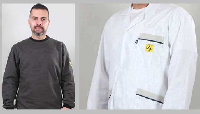 ESD İş önlüğü DELTA Renk: mavi /beyaz /saks mavi Beden XS - 4XL Göğüs cebinde ESD uyarı sembolü/web ...