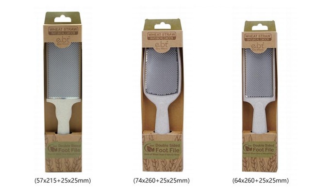 Eco-friendly beauty care line made with wheat straw-based material. Features double-sided foot files...