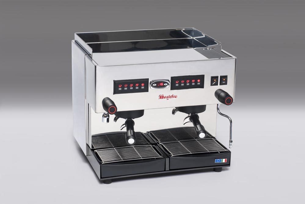Macchina per caffè a due gruppi con carrozzeria in acciaio inox