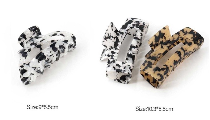 A hair claw and comb set featuring eye-catching leopard and marble designs. Comes in various shapes ...
