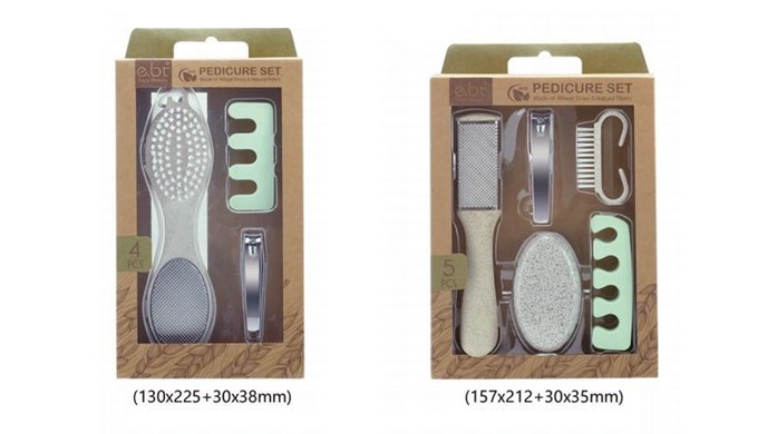 Eco-friendly nail and pedicure care sets made with sustainable materials. Includes pedicure files, b...