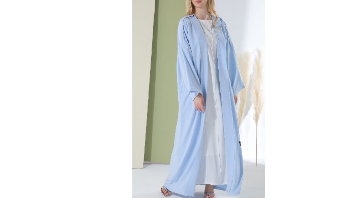 Bisht Abaya in blue with delicate overlays and contrast accents. It has an open front and long sleev...