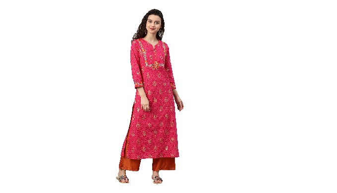 Colour: pink V-neck Three-quarter, regular sleeves A-line shape with regular style Embroidered Calf ...