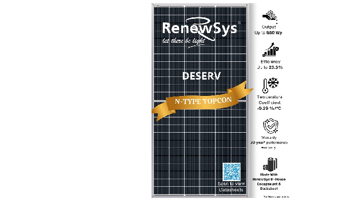 RenewSys’ TOPCon modules have power outputs ranging from 560 WP – 650 WP with efficiencies ranging f...