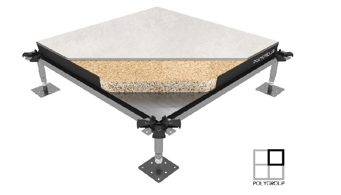 Sistema de suelo técnico fabricado con paneles de aglomerado de alta densidad de medidas 600x600mm y...