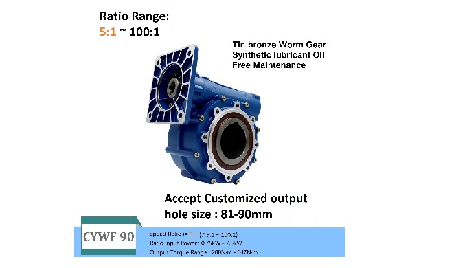 CHENYUE Large Output Bore Worm Gearbox CYWF90 Speed Ratio from 7.5:1 to 100:1 Engine 7.5Kw Free Maintenance