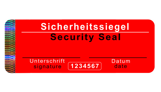 • Sicherheitsetiketten selbstzerstörend • 70mm x 25mm rechteckig • rot matt • einzigartige Seriennum...