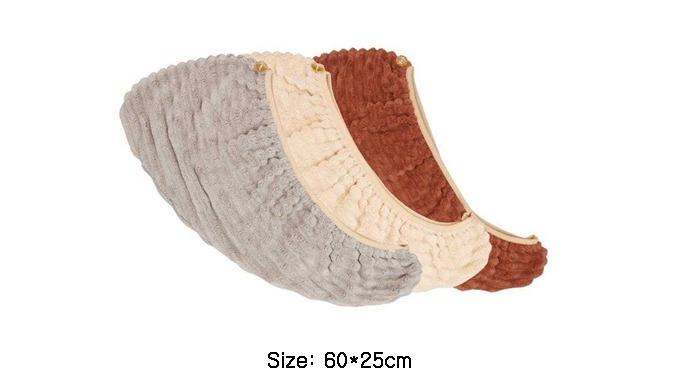 This hair wrap towel collection features various textures and patterns, all designed with button clo...