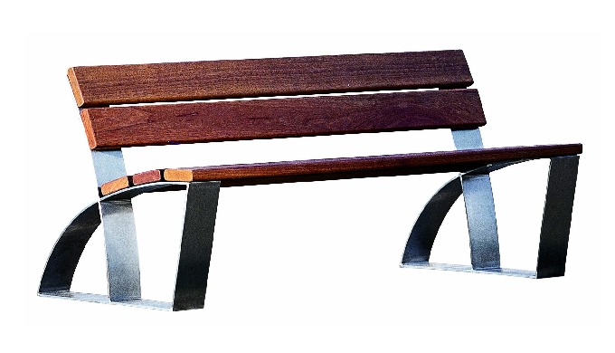Banco de madera tropical tratada. Patas de pletina de acero. Pintura RAL 9006.