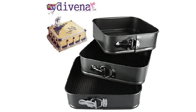 3 PCs Non-Stick Baking Spring Form Square Cake Tin Size - 8 Inch, 9 Inch, 10 Inch Color: Black Mater...