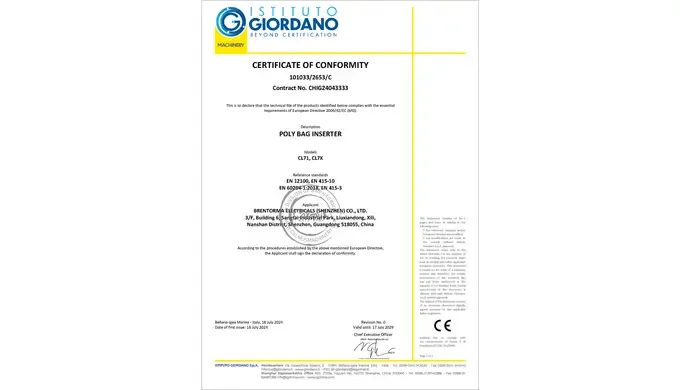 Poly Bag Inserters Certified with CE Marking
