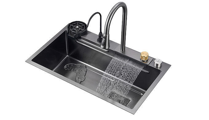 The Multifunctional Kitchen Sink Set with smooth, black stainless steel finish is an all-in-one solu...