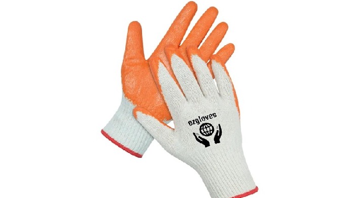 10 gauge natural white cotton+ ployester with orange latex palm coated gloves