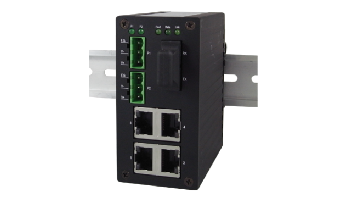 Industrial 5-Port Unmanaged Fast-Ethernet Switch with optical fiber, DIN-Rail mount, Metal housing T...