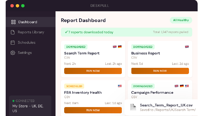 DeskPull is a desktop application that automatically downloads Amazon Selling Partner and Advertisin...