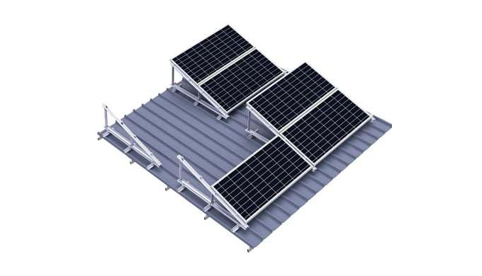 Elevated triangular solar structures raise photovoltaic modules above a roof or usable area. Panesol...