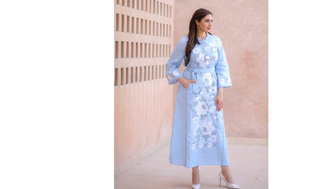 Blue Kaftan Dress. Blue because the sky Kaftan urban center. 100% Linen Kaftan is adorned by embroid...