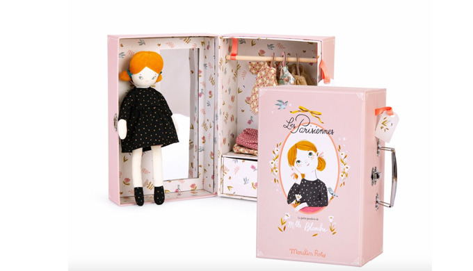 Moulin Roty dětská panenka Blanche v kufříku s oblečením pro holky.