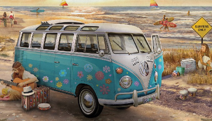 Sommer, Sonne, Strand und FlowerPower. Reise mit diesem Bully zurück in die Zeit der Liebe. Die Puzz...