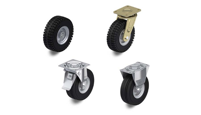 Wheels and castors with super-elastic solid rubber tyres
