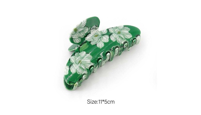 A set of hair claws featuring styles from floral patterns to marble designs. Crafted with a sturdy b...