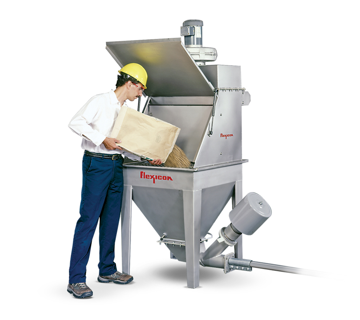 High velocity vacuum fan of FLEXICON® Manual Dumping Station draws airborne dust from operator’s atm...