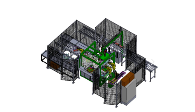 Línea automática robotizada de montaje de unidades aislantes acústicos con sistema de packaging inco...