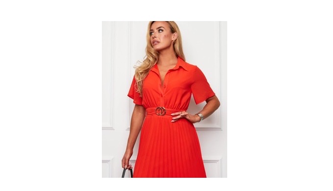 Step into summer in our gorgeous Everleigh Orange Shirt Belted Pleated Midi Dress. Featuring a shirt...