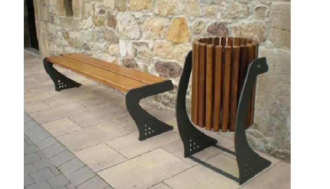 Urban Metal Bench & Outdoor Trash Bin