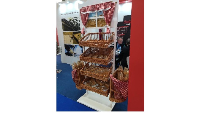 Stand where you can exhibit fresh bread. The construction is made of metal, the shelf is wicker bask...