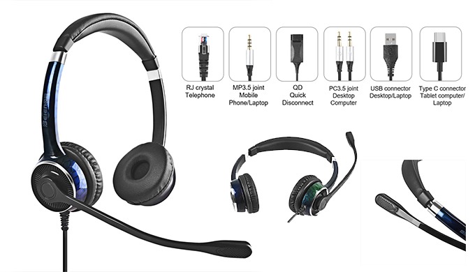 A business headset with ENC dual-microphone noise cancellation for clear communication. Wired stereo...
