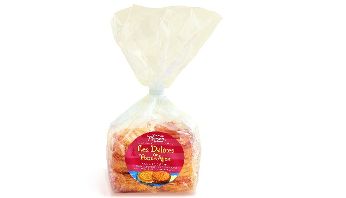 Galettes fines: Farine de blé, sucre, beurre de baratte demi-sel 21%, œufs entiers et poudres levant...