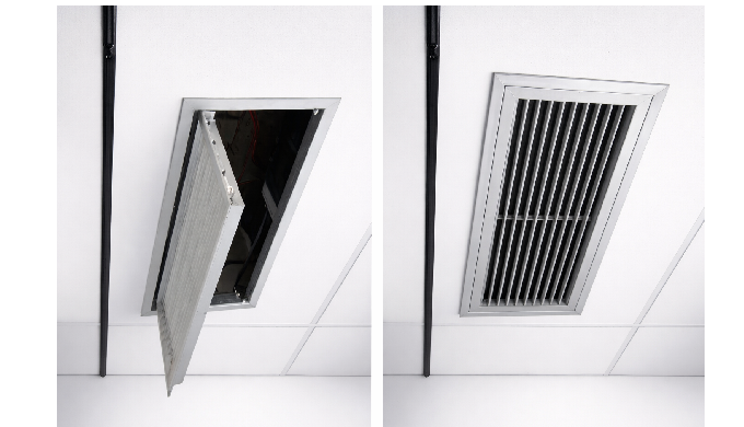 This image shows a ceiling ventilation access panel during inspection and after being securely close...