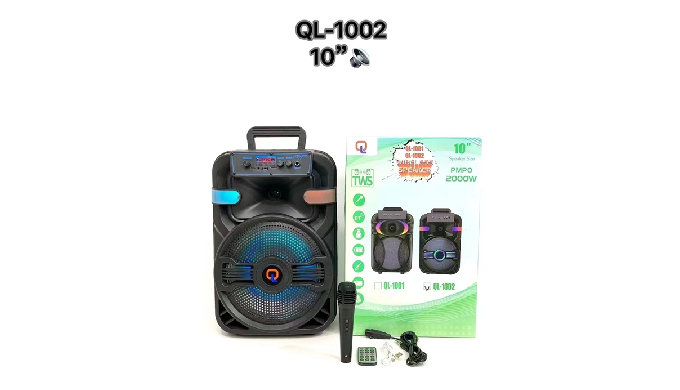 1.10”“便携式 2.功率输入：3.7V/20W 3.喇叭：10”喇叭 4.功能：USB/TF/收音机/蓝牙/AUX/带LED灯 5.电池：1800MAH 6.包装：彩色包装 7.附件：有线麦克风*...