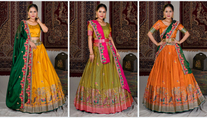 Elevate your ethnic wardrobe with this exquisite Banarasi Silk lehenga choli set from Gajiwala. This...