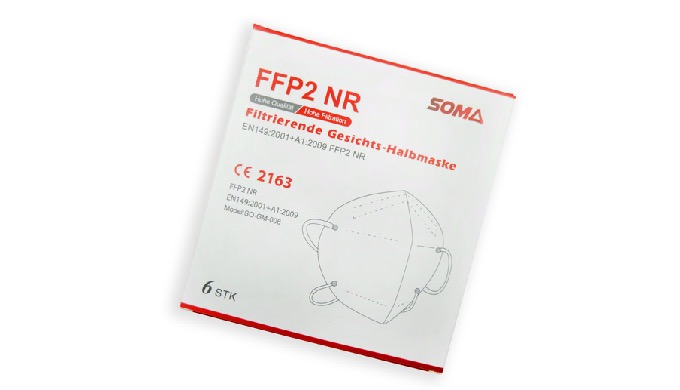 FFP2 NR Atemschutzmasken mit der notified body number CE 2163. Die Masken kommen in einer 6er Verpac...