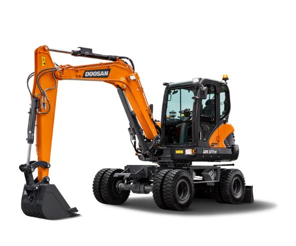 C’est une mini-pelle DOOSAN dernière génération. La pelle sur pneus DX57W-7...
