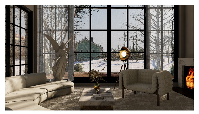 3D Visualization of living room with fresh snow exteriors