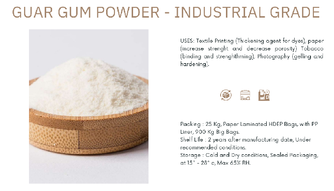 USES: Textile Printing (Thickening agent for dyes), paper (increase strenght and decrease porosity) ...