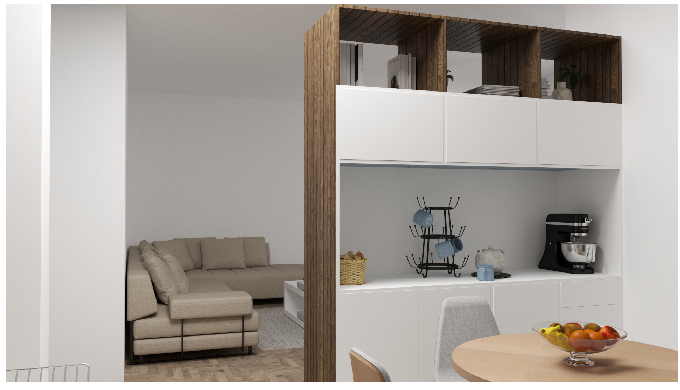 Meuble de séparation entre une cuisine et un salon. Espace de rangement avec plan de travail côté cu...