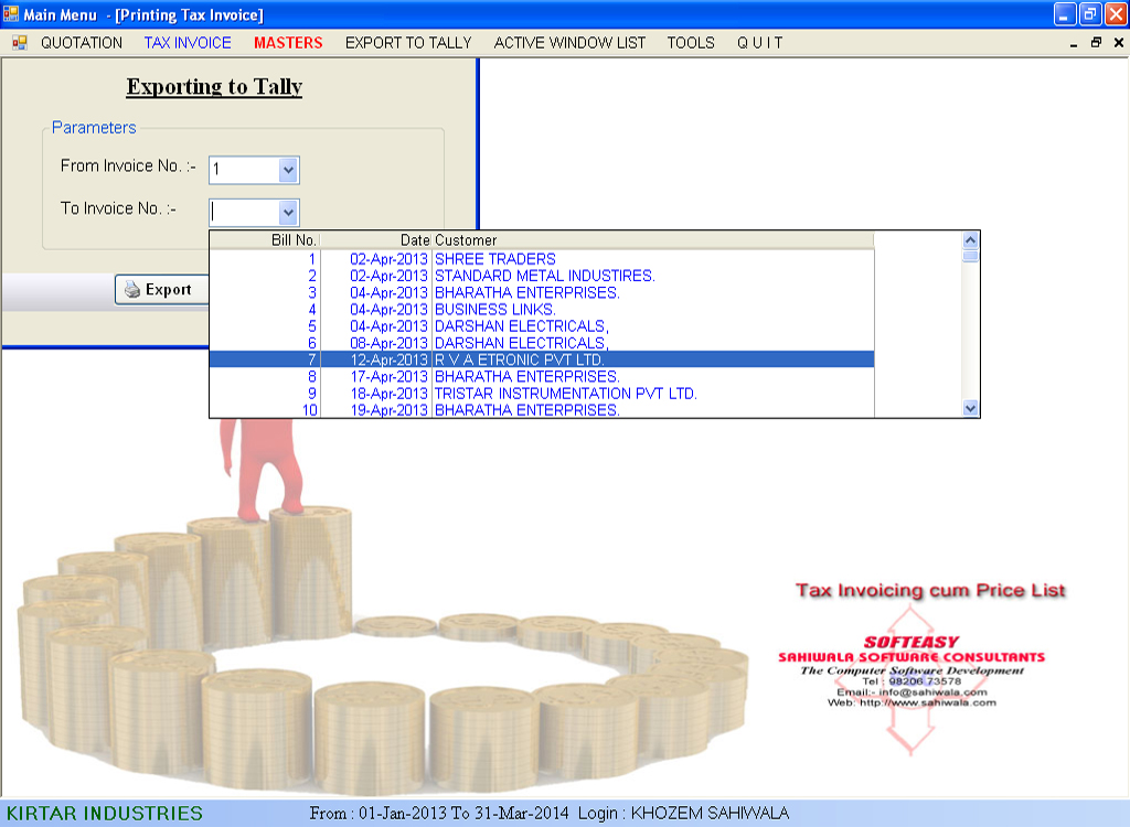 We Sahiwala Software Consultants develop & design to Import and Export Data From Tally ver 7.2 o...
