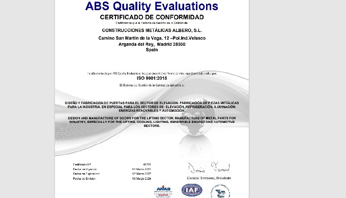 Construcciones Met&aacute;licas Albero renueva el Certificado ISO  9001