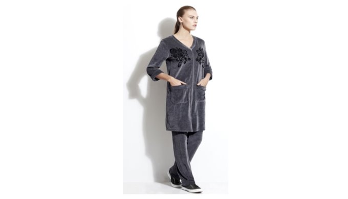 %80 Pamuk %20 Polyester Kadife 2 Parça Üst Parça Uzun Hırka, Önden Fermuarlı, Cepli, Kabartma Baskıl...