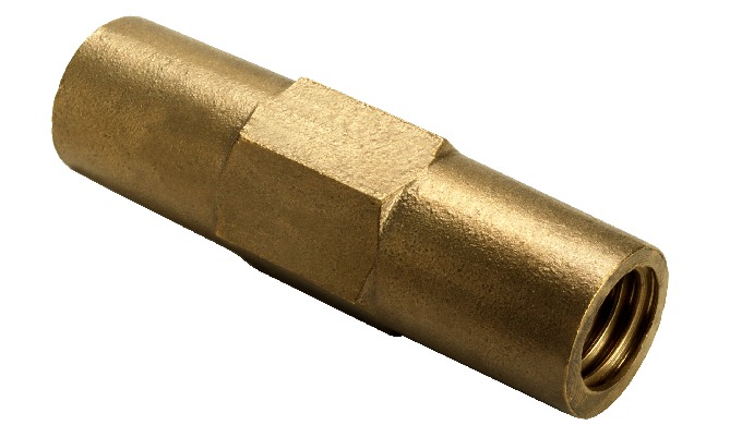 Threadless compression coupler for use with pointed copper-bonded ground rods. Inside of coupler is ...