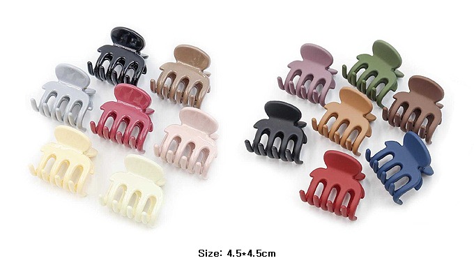 The collection includes various designs and finishes such as matte mini hair claw clips, matte flowe...