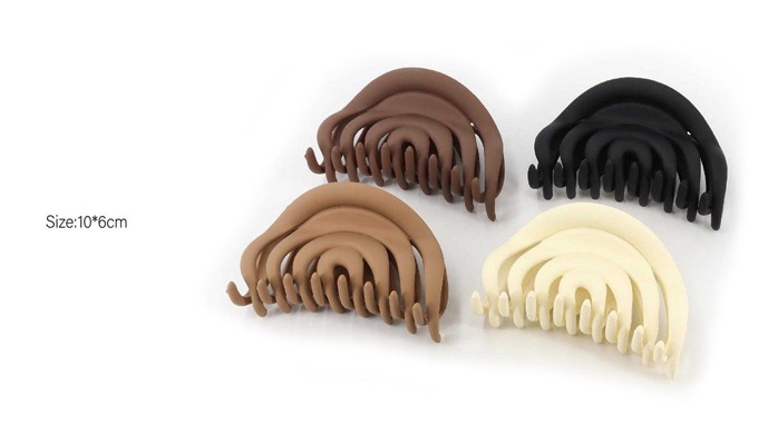 3 hair claw clips in matte half-moon, check, and stripe designs. Lightweight yet sturdy with a stron...