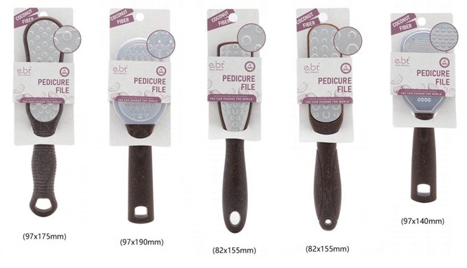 A beauty and foot care line made with eco-friendly coconut fiber material. Includes pedicure files a...